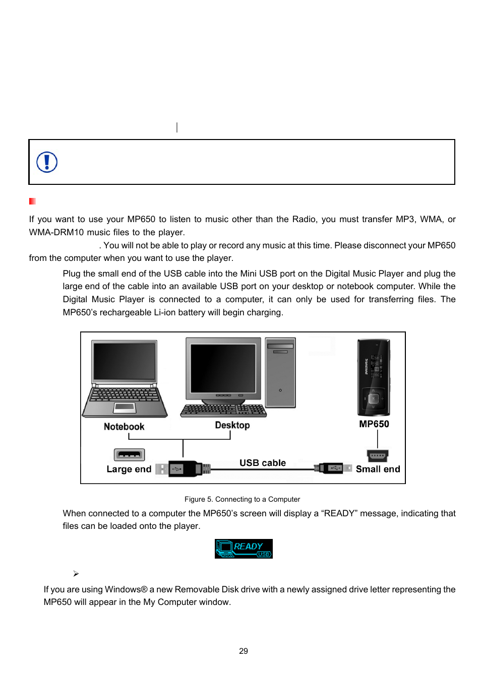 Connecting to a computer, Transferring files to the digital music player | Transcend Information TS4GMP650 User Manual | Page 29 / 43