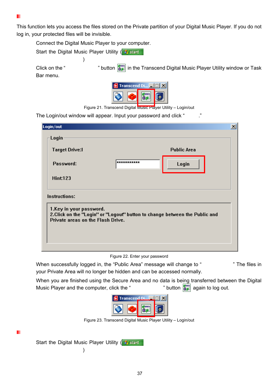 Log in / log out, Changing your password, Login/out | Transcend Information TS4GMP650 User Manual | Page 37 / 43