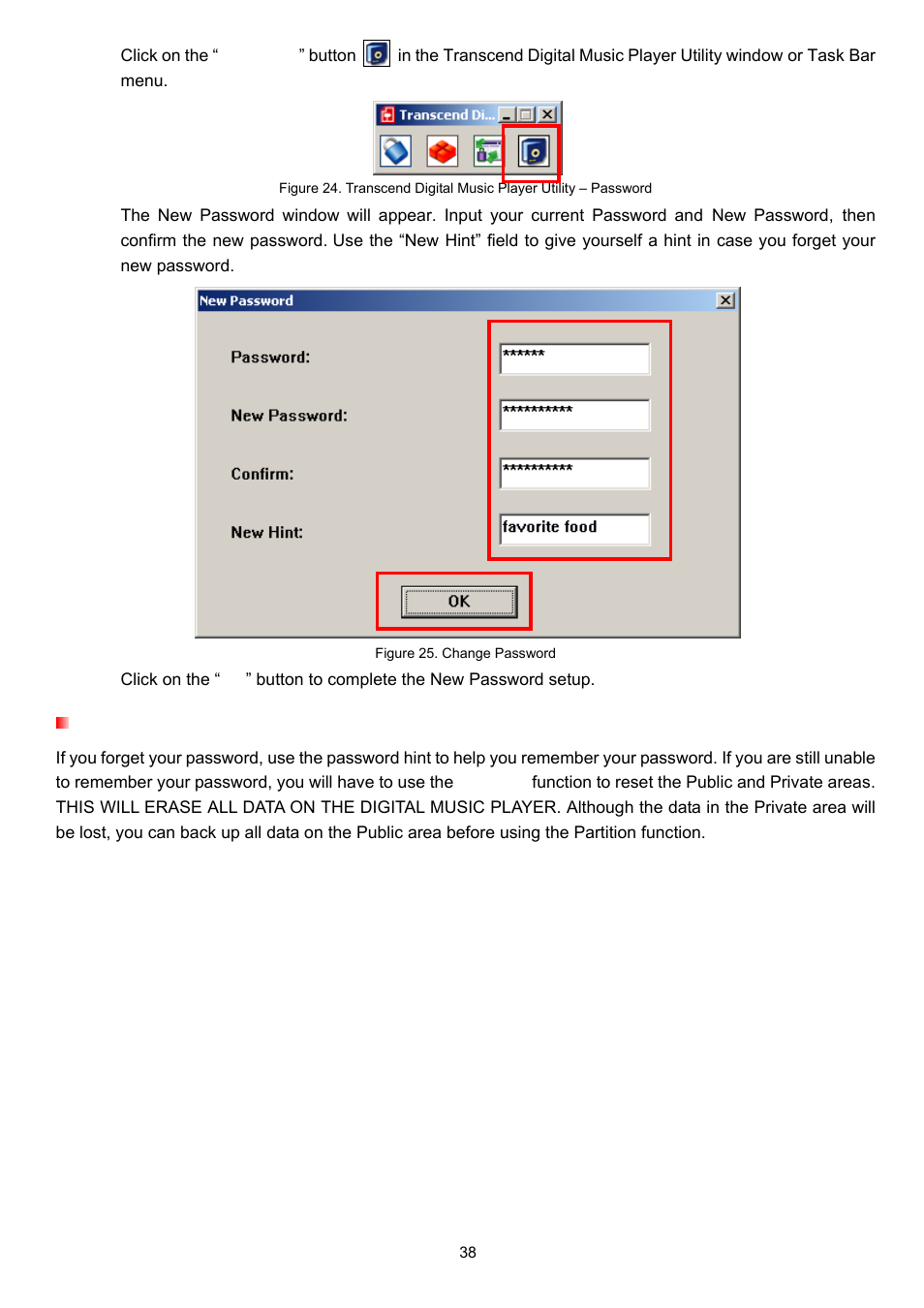 Forgotten passwords, Password | Transcend Information TS4GMP650 User Manual | Page 38 / 43
