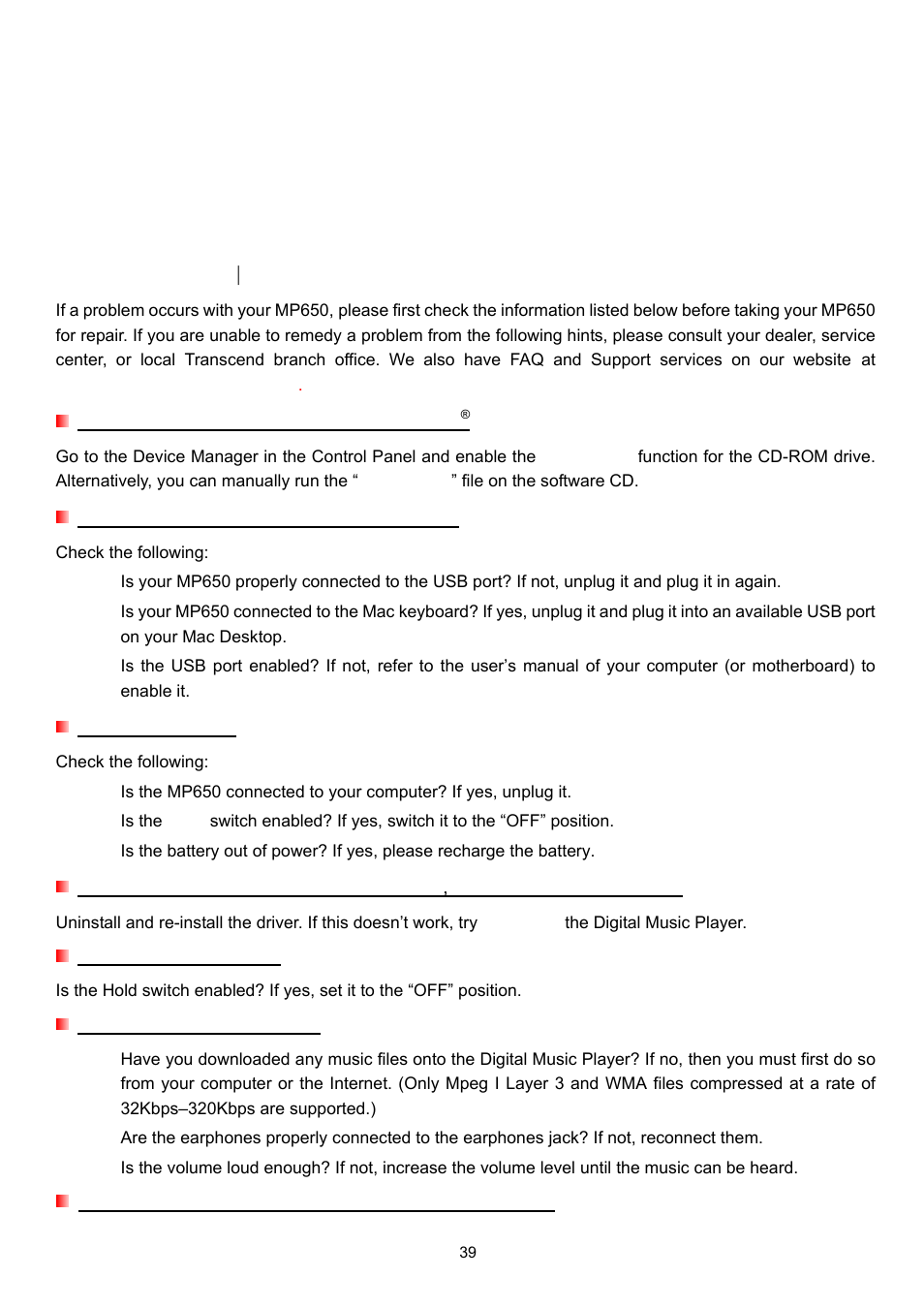 Troubleshooting | Transcend Information TS4GMP650 User Manual | Page 39 / 43