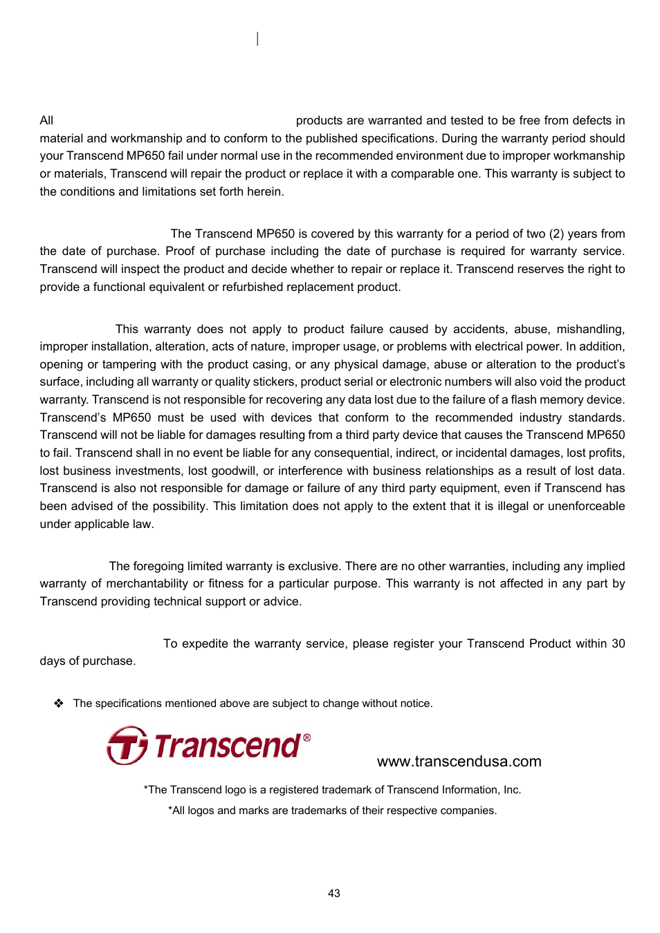 Transcend limited warranty, Transcend information, inc | Transcend Information TS4GMP650 User Manual | Page 43 / 43