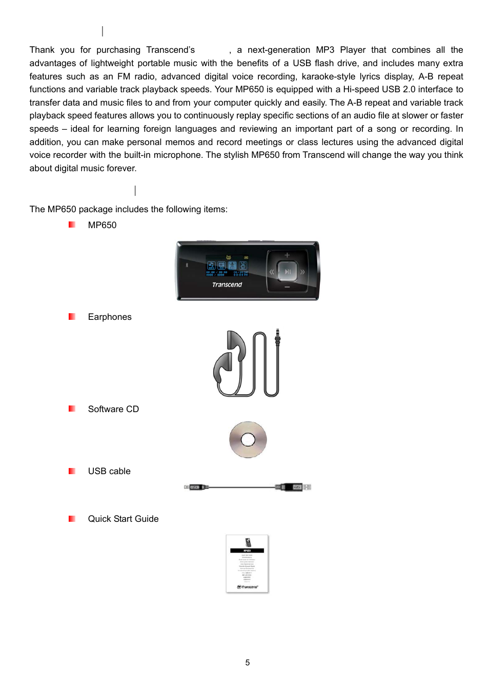 Introduction, Package contents | Transcend Information TS4GMP650 User Manual | Page 5 / 43