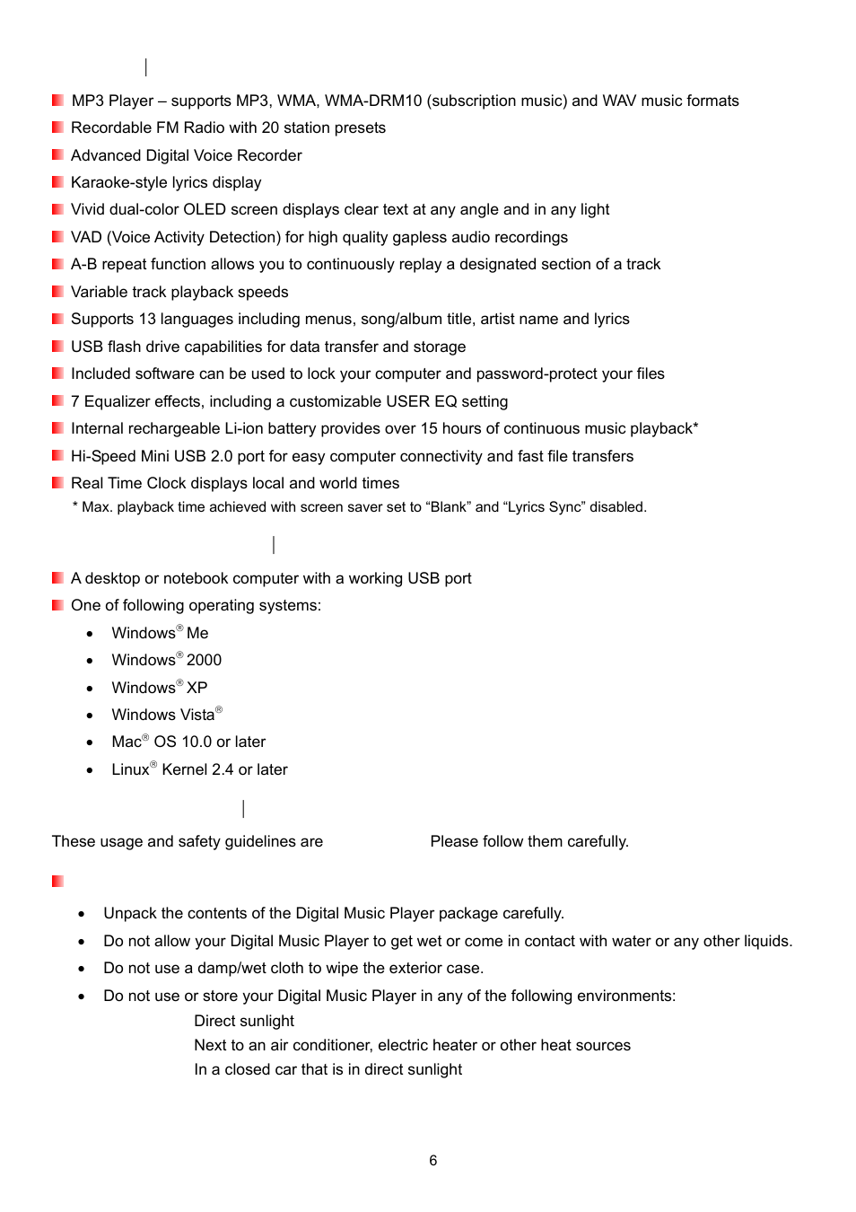 Features, System requirements, Safety precautions | General use | Transcend Information TS4GMP650 User Manual | Page 6 / 43
