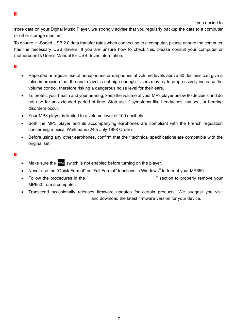 Backing up data, Caution: risk of deafness, Reminders | Transcend Information TS4GMP650 User Manual | Page 7 / 43