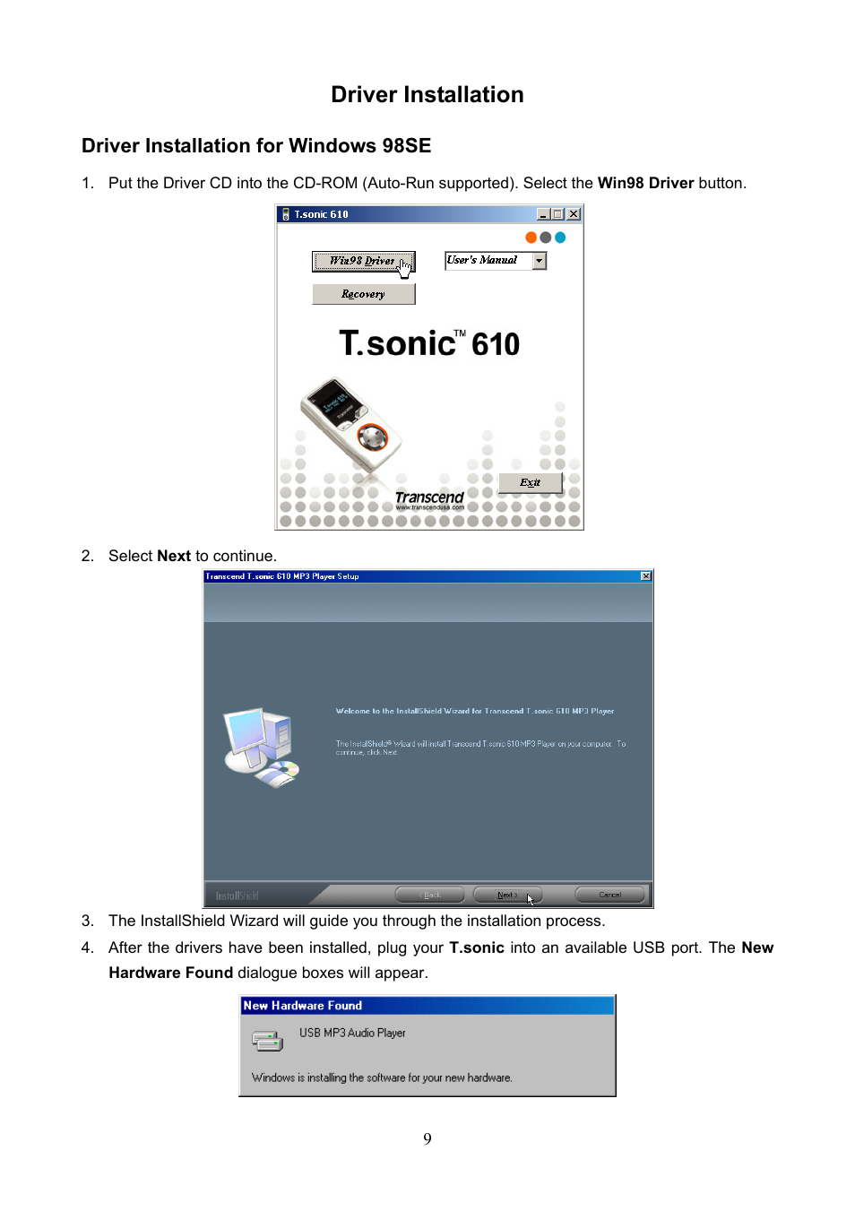 Driver installation, Driver installation for windows 98se | Transcend Information T.sonic 610 User Manual | Page 12 / 40