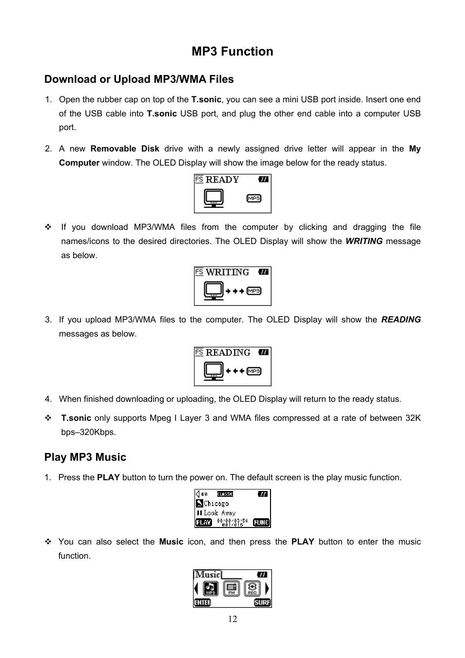 Mp3 function, Download or upload mp3/wma files play mp3 music, Download or upload mp3/wma files | Play mp3 music | Transcend Information T.sonic 610 User Manual | Page 15 / 40