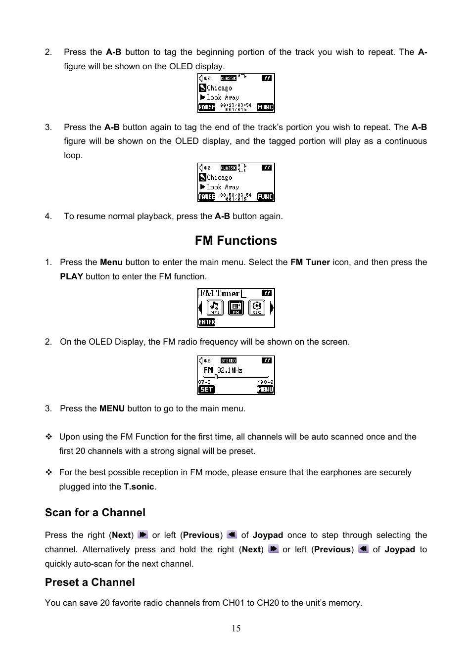 Fm functions, Scan for a channel preset a channel, Scan for a channel | Preset a channel | Transcend Information T.sonic 610 User Manual | Page 18 / 40