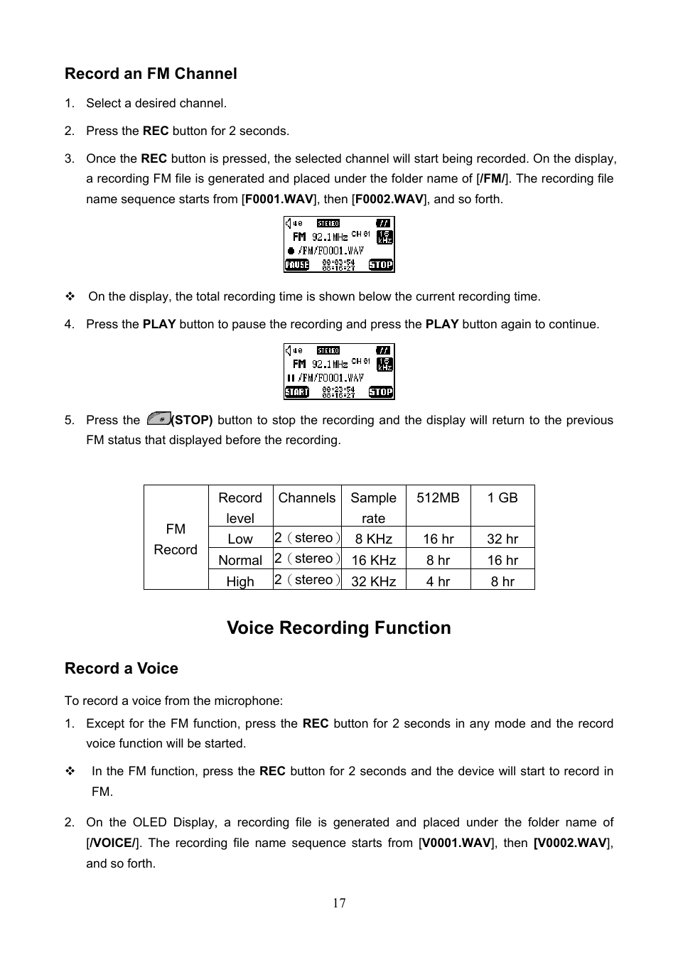 Record an fm channel, Voice recording function, Record a voice | Transcend Information T.sonic 610 User Manual | Page 20 / 40