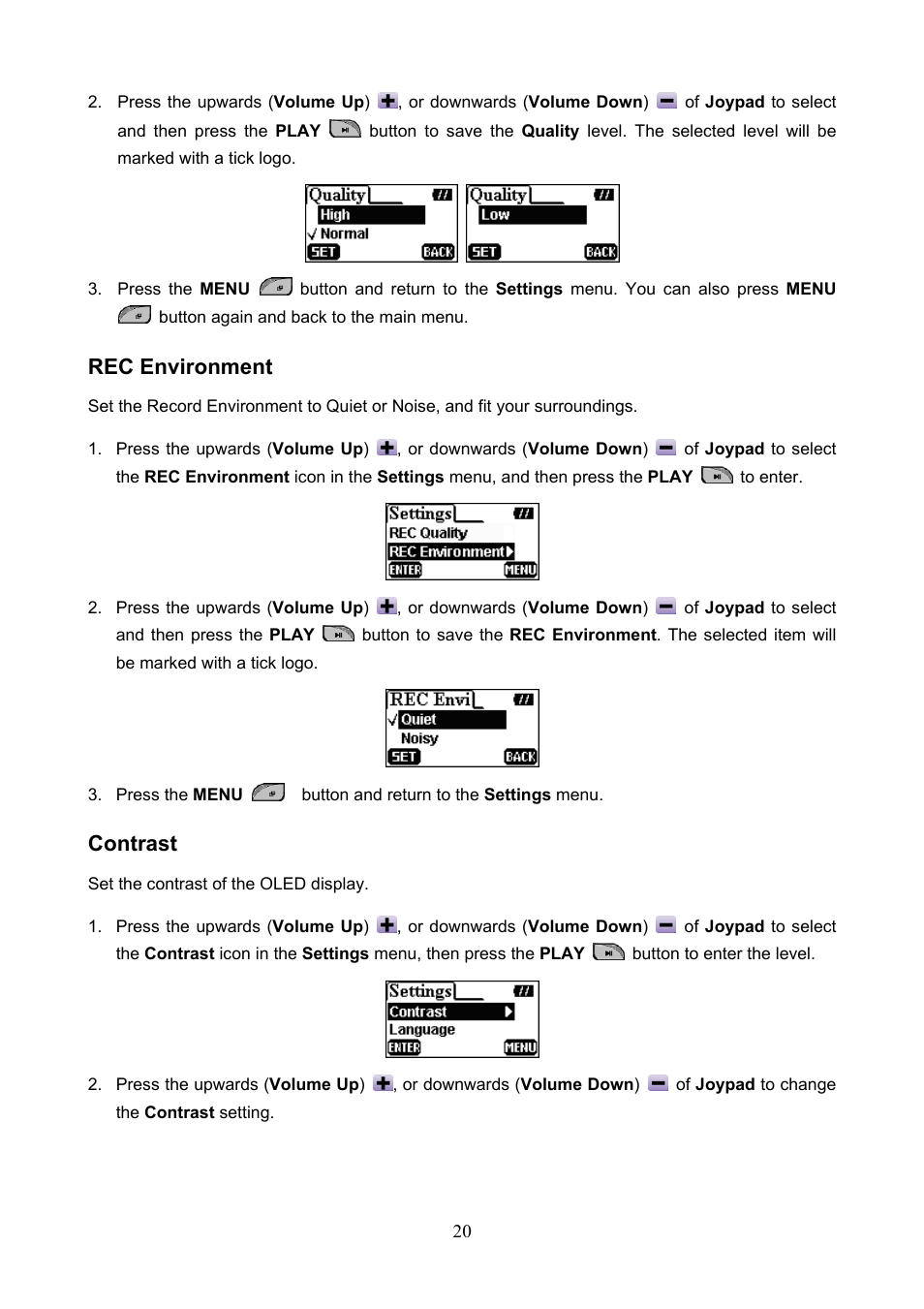 Rec environment contrast, Rec environment, Contrast | Transcend Information T.sonic 610 User Manual | Page 23 / 40