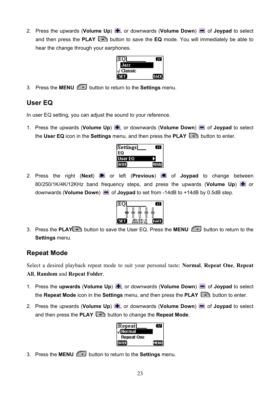 User eq repeat mode, User eq, Repeat mode | Transcend Information T.sonic 610 User Manual | Page 26 / 40