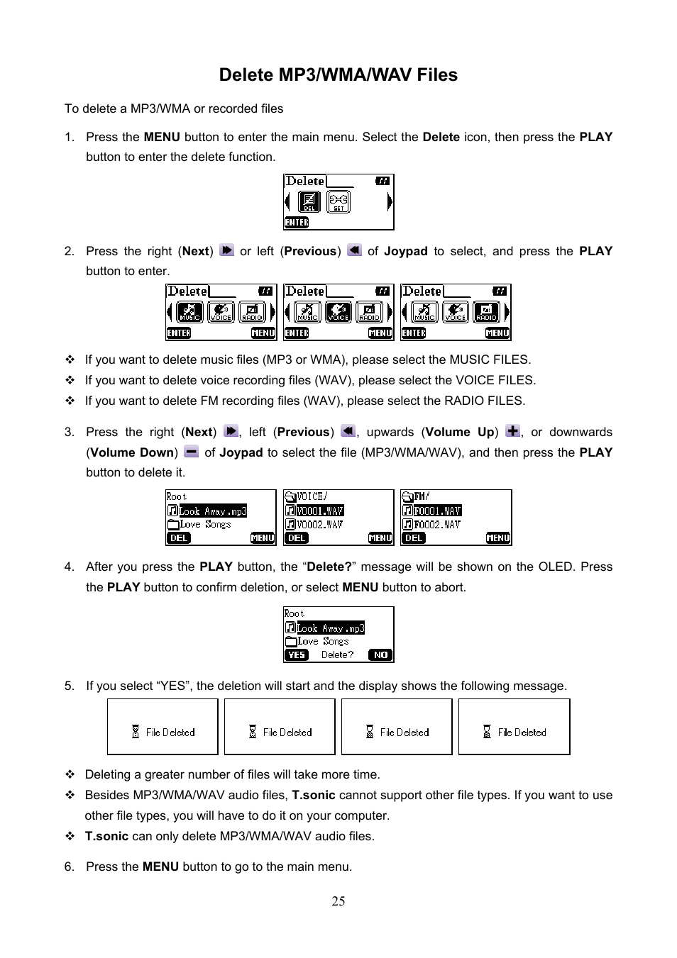 Delete mp3/wma/wav files | Transcend Information T.sonic 610 User Manual | Page 28 / 40