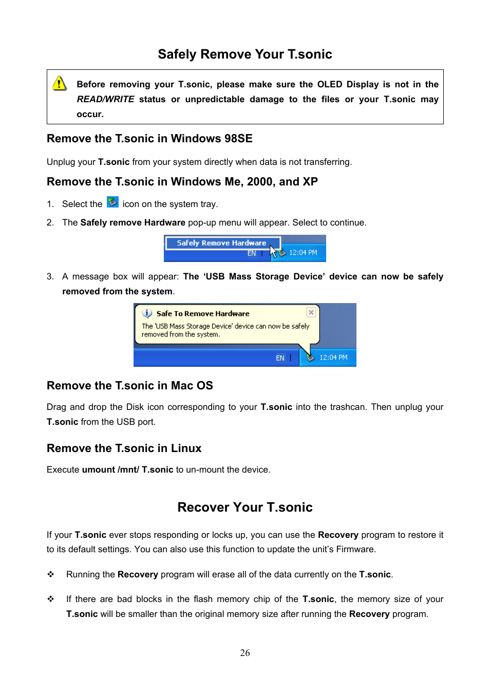 Safely remove your t.sonic, Recover your t.sonic | Transcend Information T.sonic 610 User Manual | Page 29 / 40
