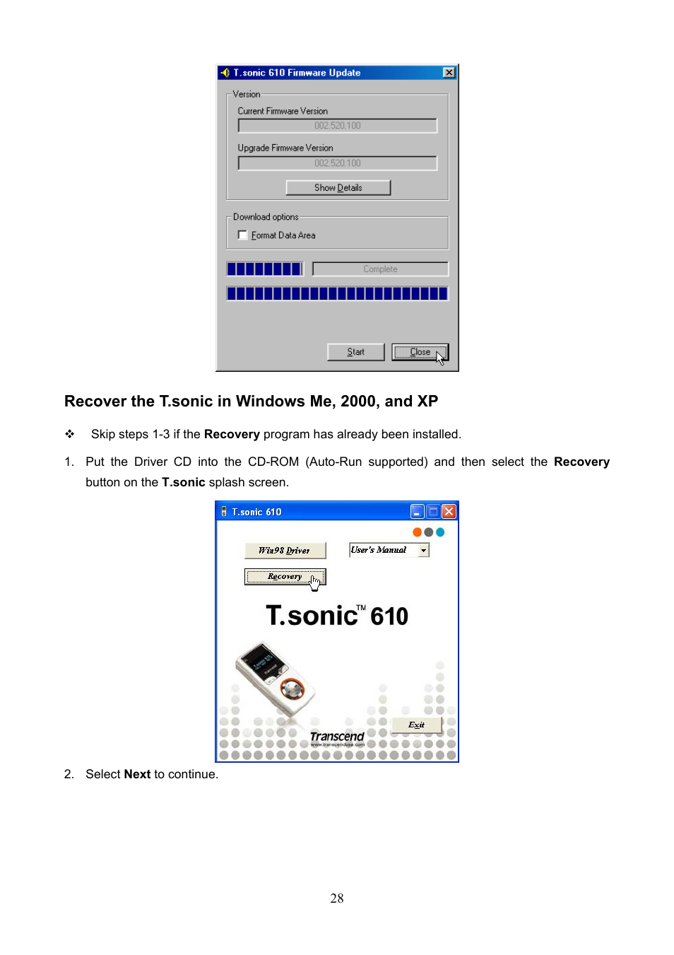 Recover the t.sonic in windows me, 2000, and xp | Transcend Information T.sonic 610 User Manual | Page 31 / 40
