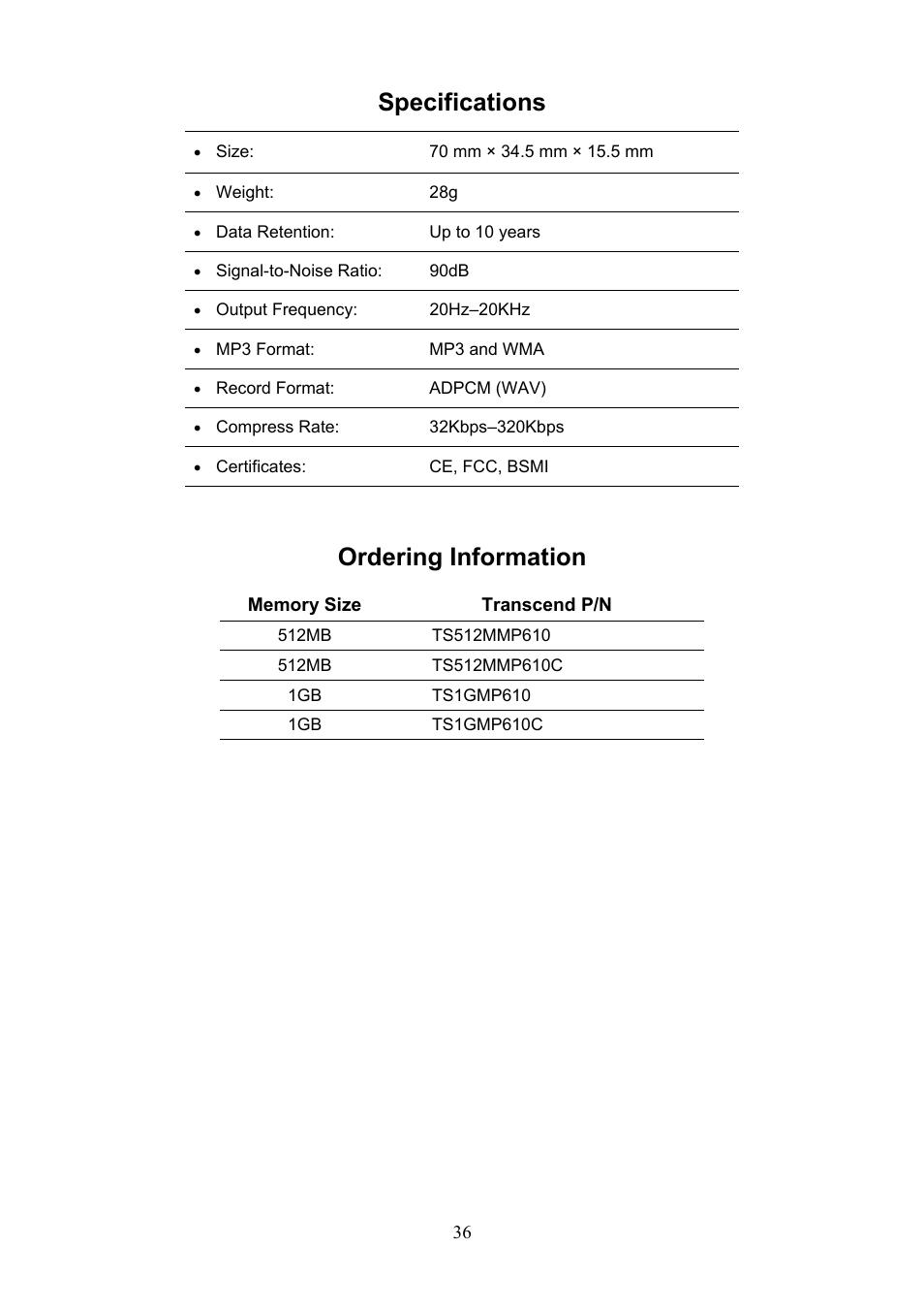 Specifications ordering information, Specifications, Ordering information | Transcend Information T.sonic 610 User Manual | Page 39 / 40