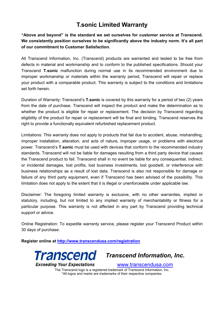 T.sonic limited warranty, Transcend information, inc | Transcend Information T.sonic 610 User Manual | Page 40 / 40