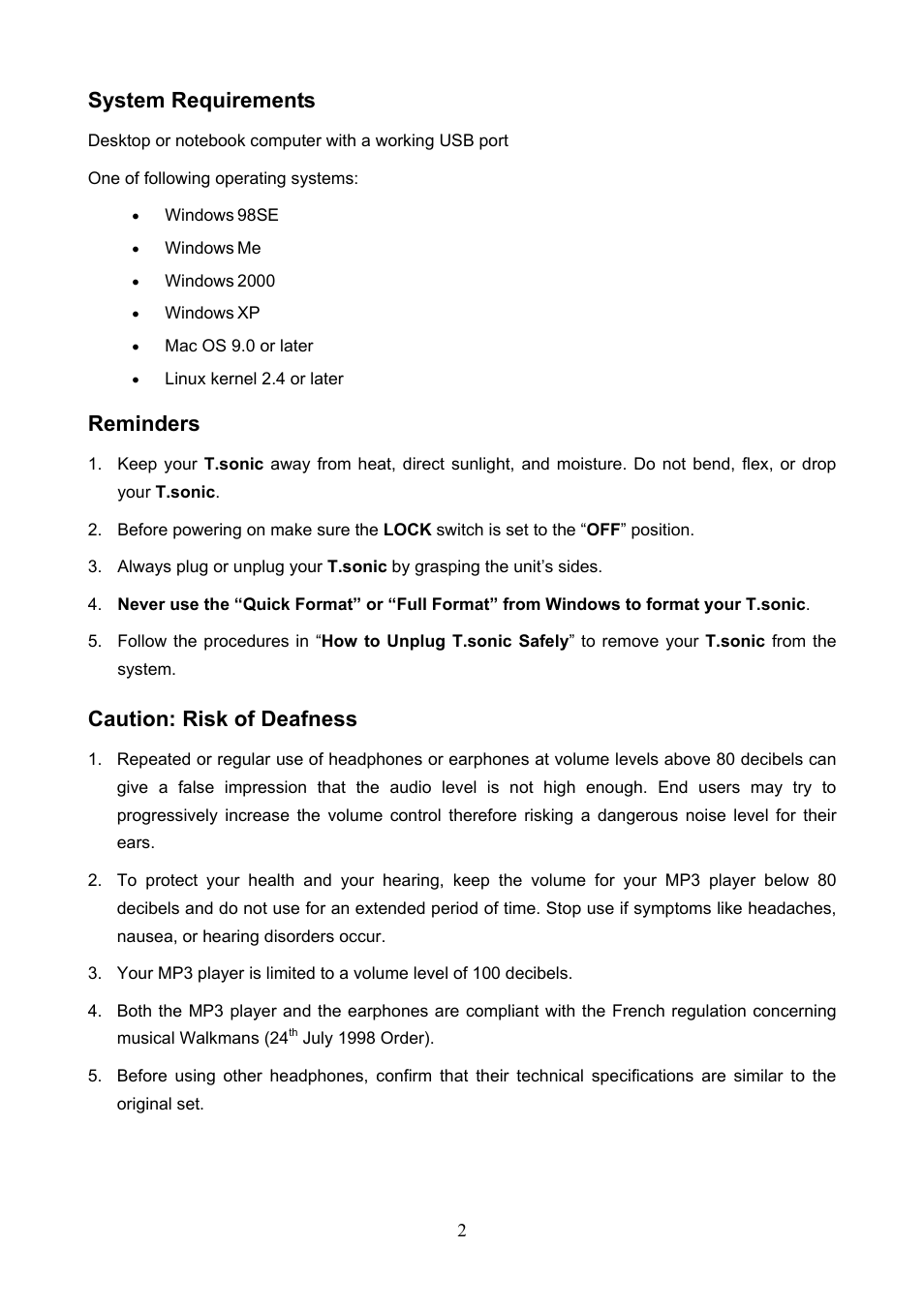 System requirements, Reminders, Caution: risk of deafness | Transcend Information T.sonic 610 User Manual | Page 5 / 40