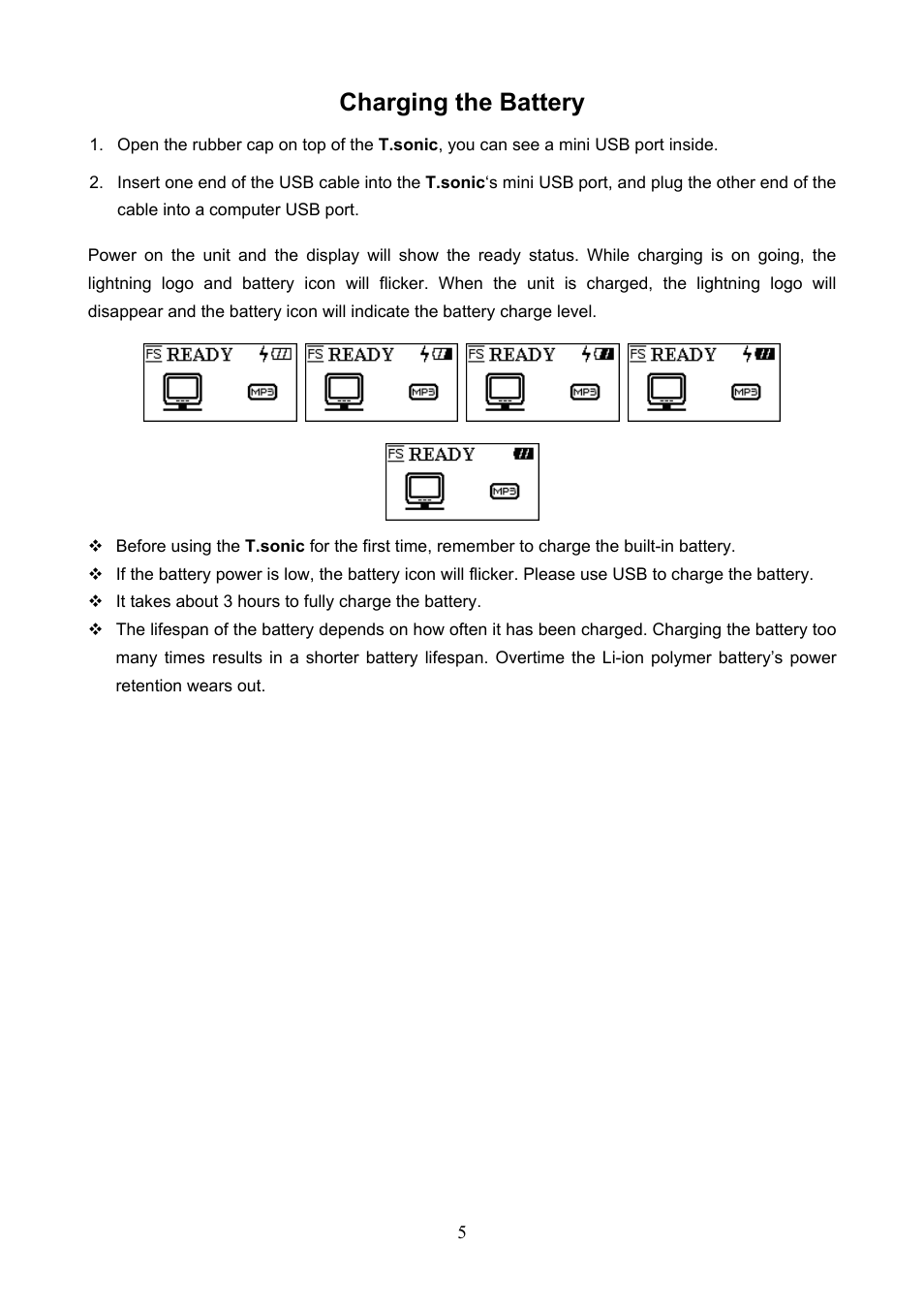 Charging the battery | Transcend Information T.sonic 610 User Manual | Page 8 / 40