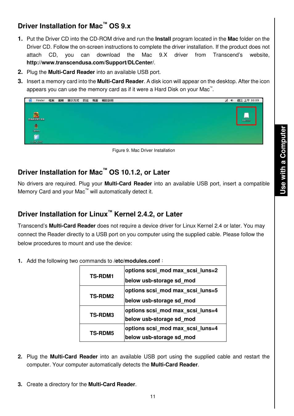 Driver installation for mac, Os 9.x, Os 10.1.2, or later | Driver installation for linux, Kernel 2.4.2, or later | Transcend Information TS-RDM1 User Manual | Page 13 / 23