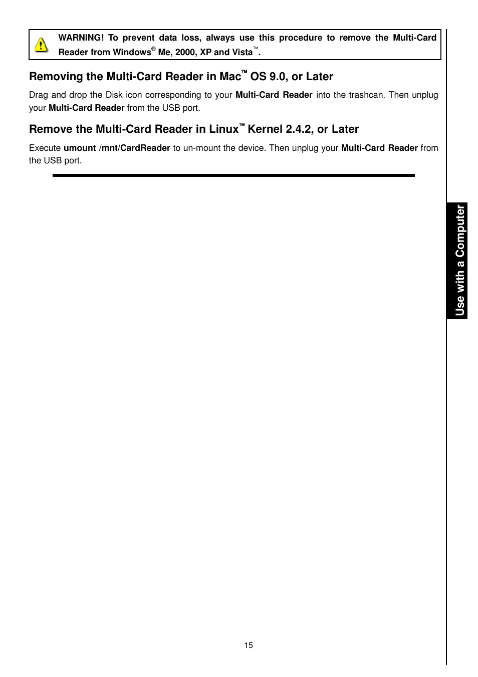 Removing the multi-card reader in mac, Os 9.0, or later, Remove the multi-card reader in linux | Kernel 2.4.2, or later | Transcend Information TS-RDM1 User Manual | Page 17 / 23