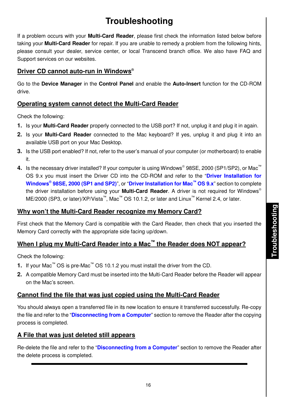 Troubleshooting | Transcend Information TS-RDM1 User Manual | Page 18 / 23