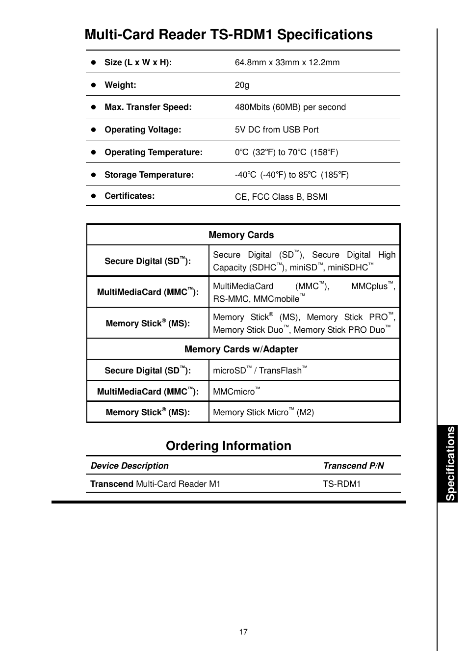 Multi-card reader ts-rdm1 specifications, Ordering information, Sp e c if ic a ti o n s | Transcend Information TS-RDM1 User Manual | Page 19 / 23