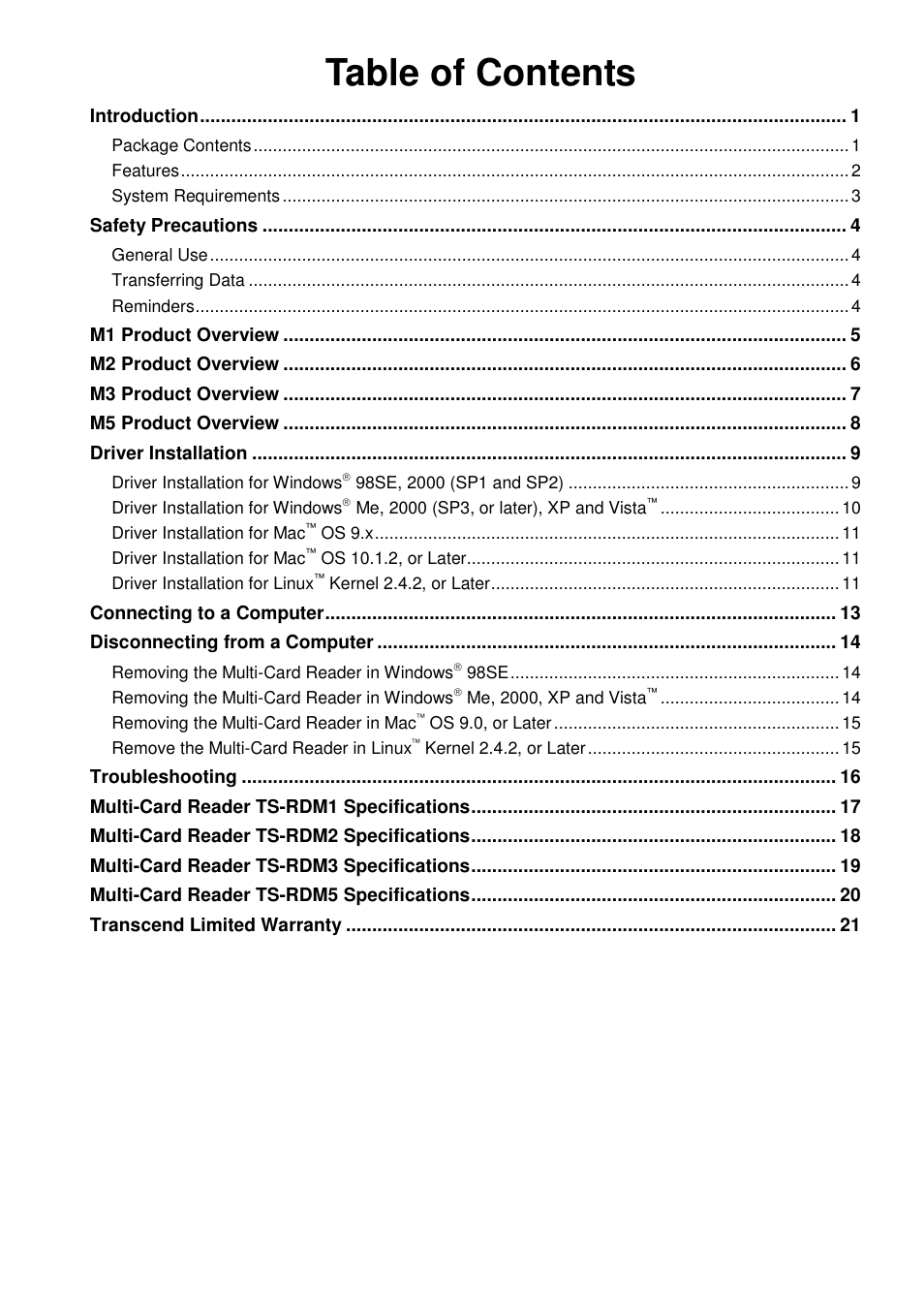 Transcend Information TS-RDM1 User Manual | Page 2 / 23