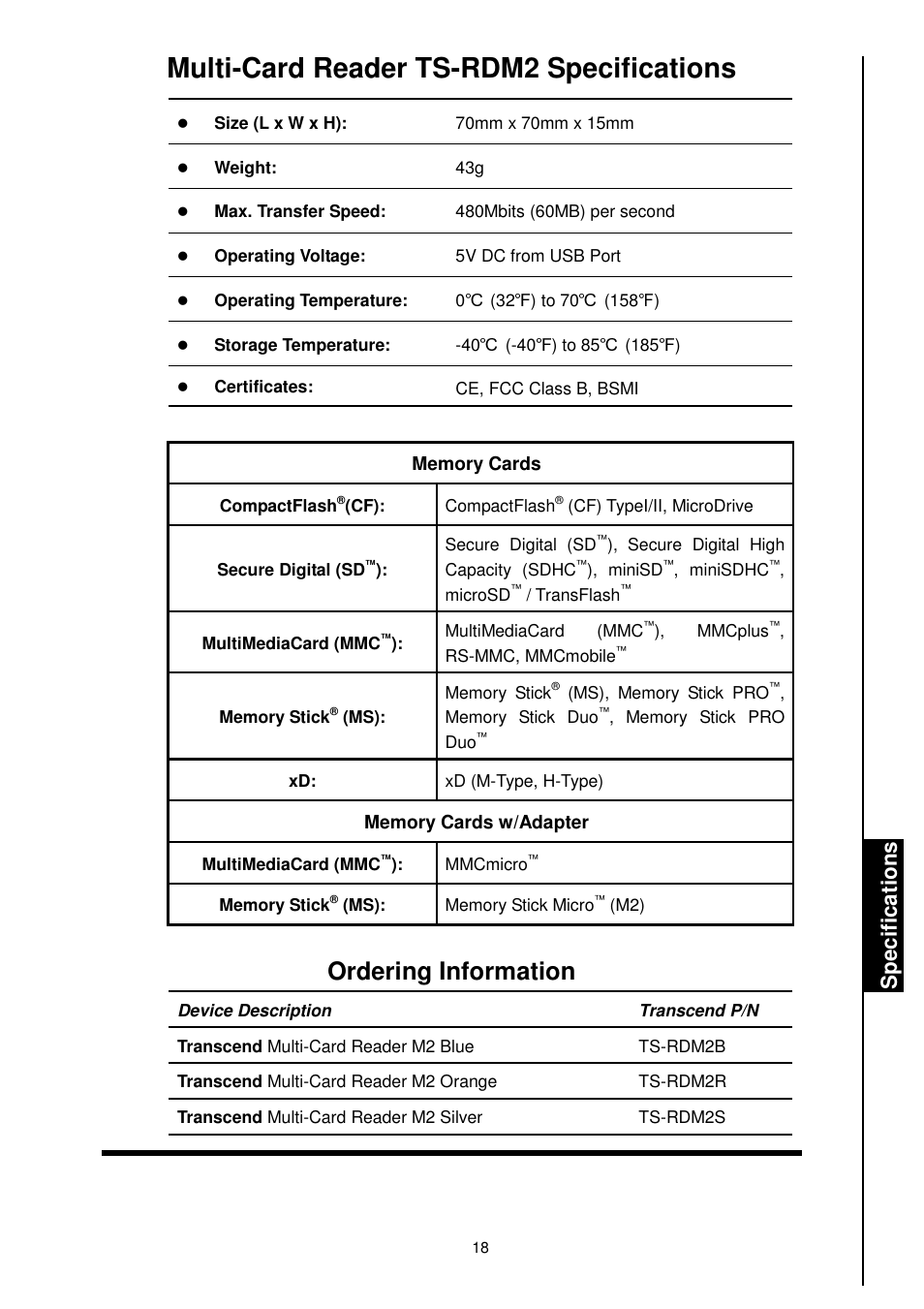 Multi-card reader ts-rdm2 specifications, Ordering information, Sp e c if ic a ti o n s | Transcend Information TS-RDM1 User Manual | Page 20 / 23