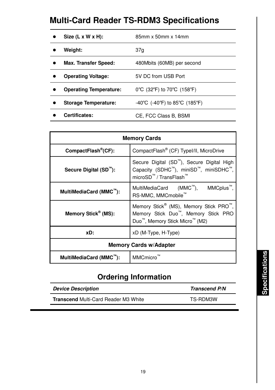 Multi-card reader ts-rdm3 specifications, Ordering information, Sp e c if ic a ti o n s | Transcend Information TS-RDM1 User Manual | Page 21 / 23