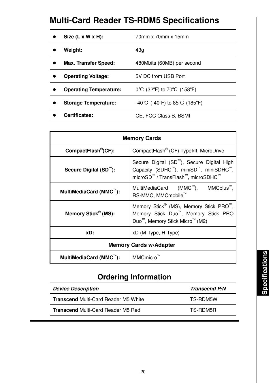 Multi-card reader ts-rdm5 specifications, Ordering information, Sp e c if ic a ti o n s | Transcend Information TS-RDM1 User Manual | Page 22 / 23