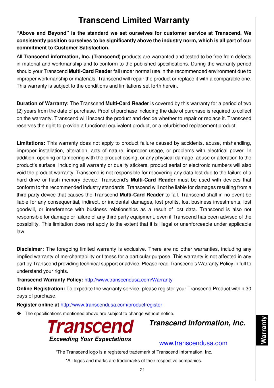 Transcend limited warranty, Transcend information, inc, Wa rr a n ty | Transcend Information TS-RDM1 User Manual | Page 23 / 23
