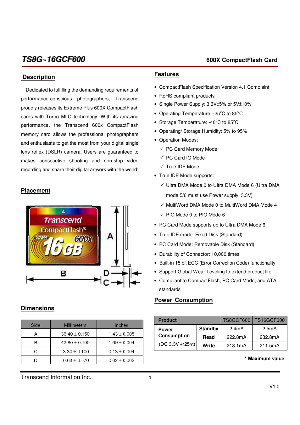 Transcend Information TS8GCF600 User Manual | 85 pages