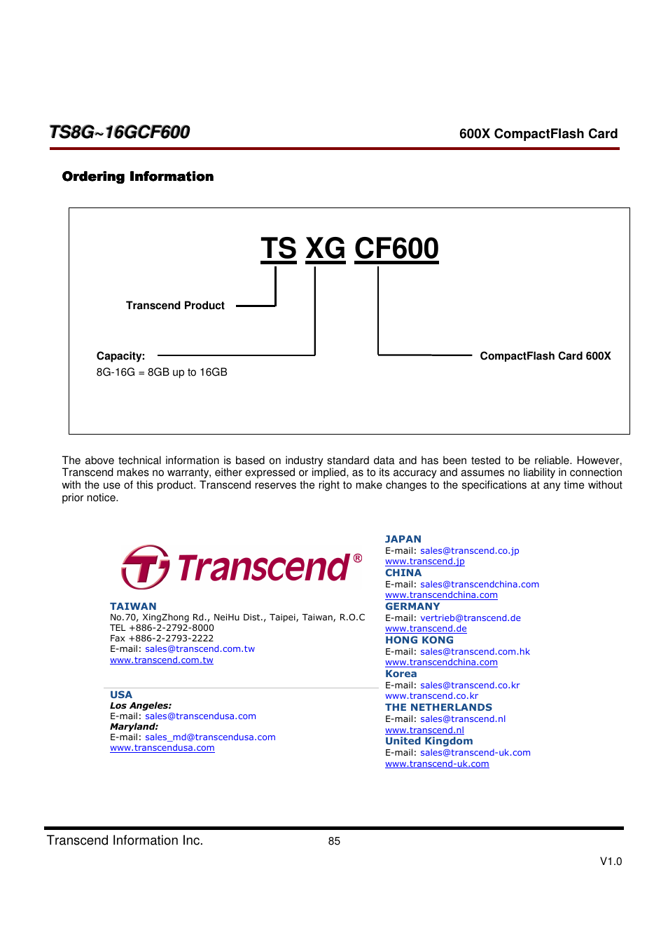 Ts xg cf600 xx | Transcend Information TS8GCF600 User Manual | Page 85 / 85