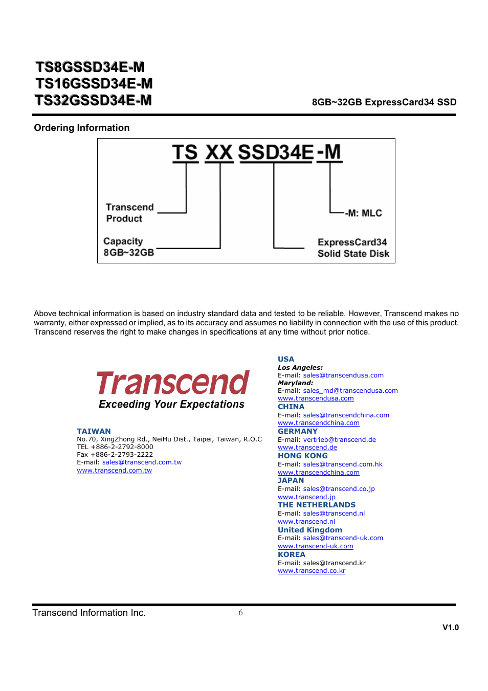 Transcend Information ExpressCard SSD TS8GSSD34E-M User Manual | Page 6 / 6