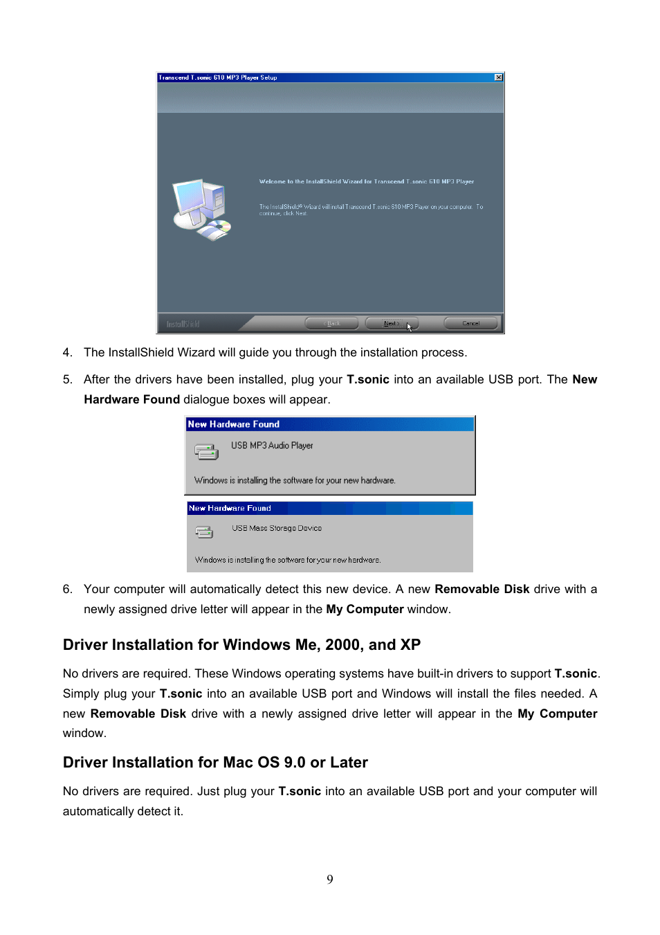 Driver installation for windows me, 2000, and xp, Driver installation for mac os 9.0 or later | Transcend Information T.SONIC 612 User Manual | Page 12 / 39