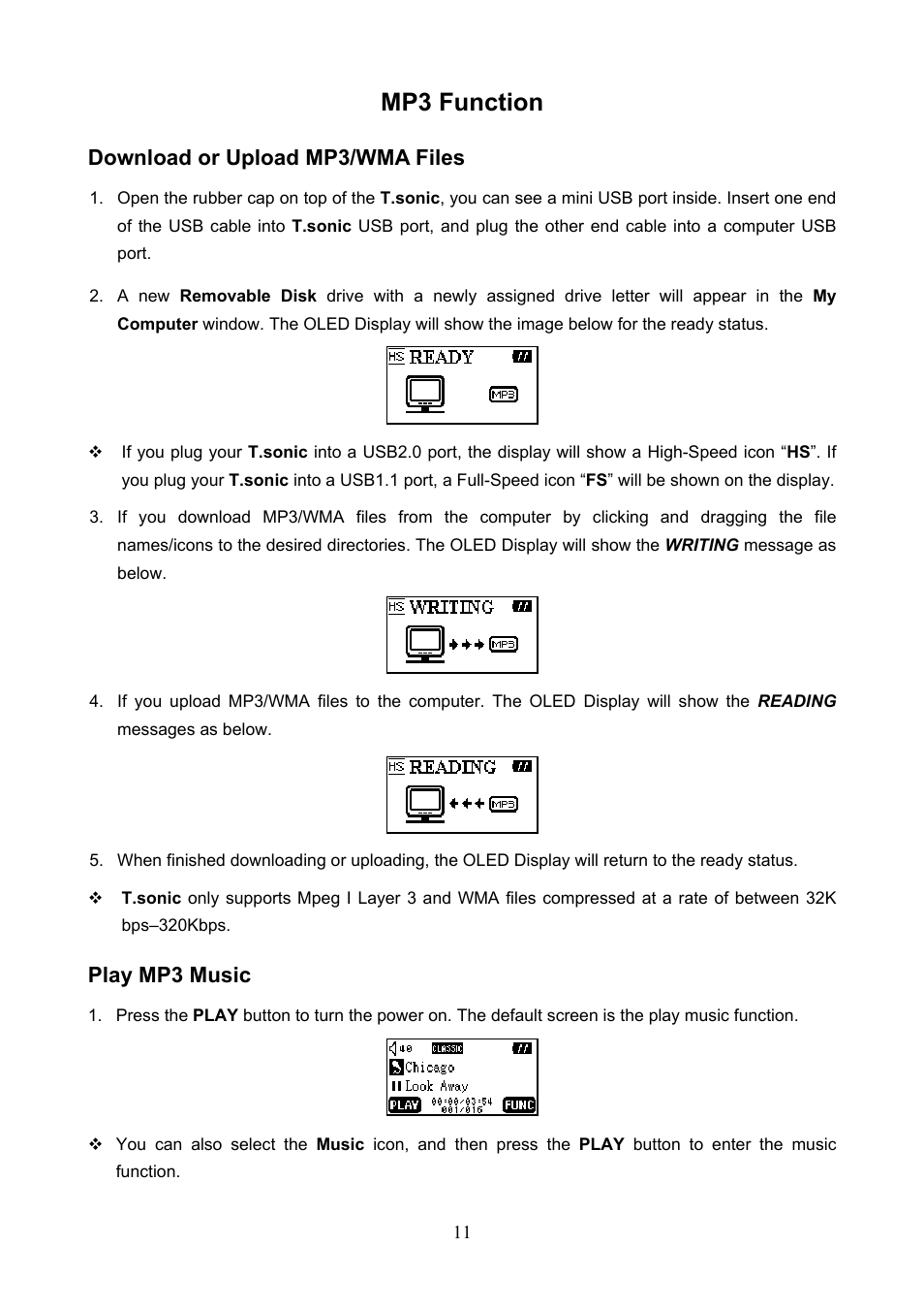 Mp3 function, Download or upload mp3/wma files, Play mp3 music | Transcend Information T.SONIC 612 User Manual | Page 14 / 39