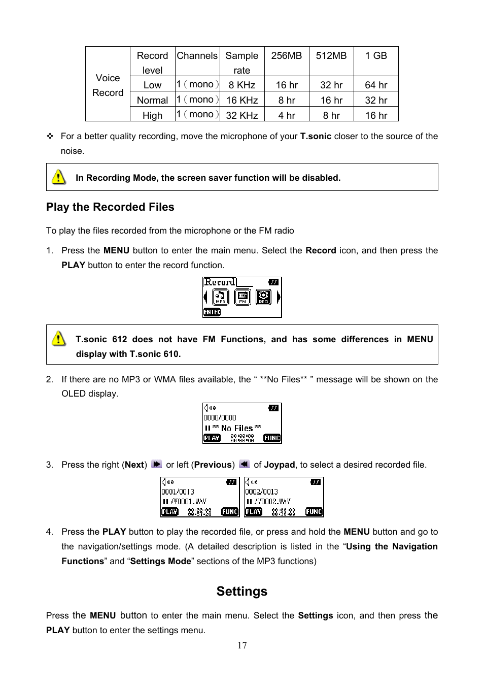 Settings, Play the recorded files | Transcend Information T.SONIC 612 User Manual | Page 20 / 39