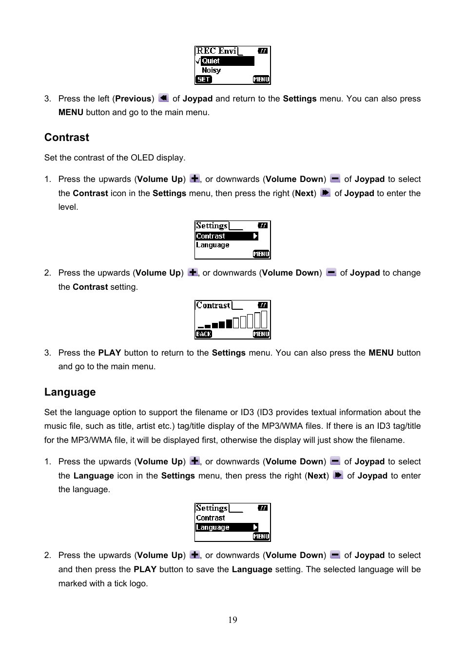 Contrast, Language | Transcend Information T.SONIC 612 User Manual | Page 22 / 39