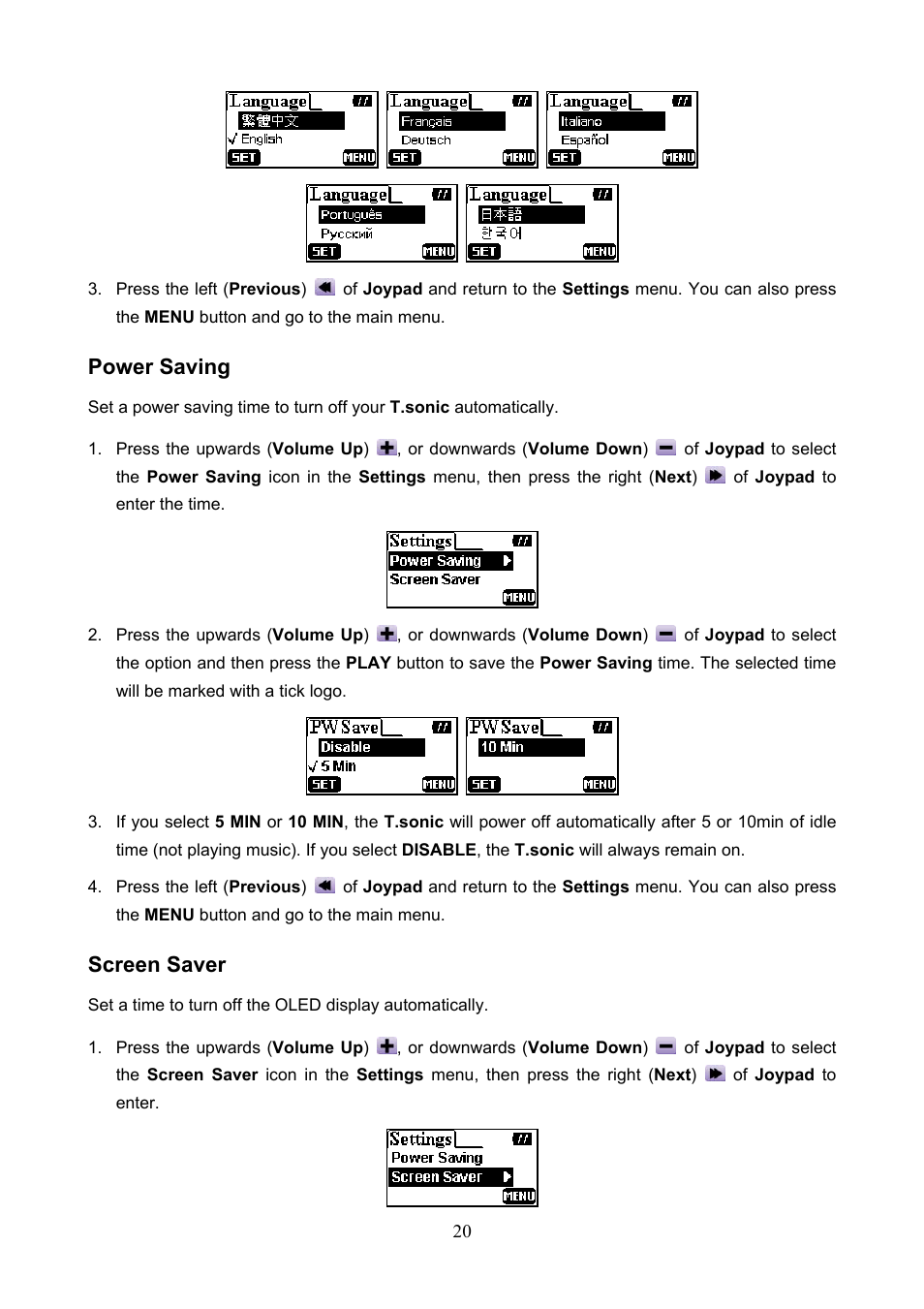 Power saving, Screen saver | Transcend Information T.SONIC 612 User Manual | Page 23 / 39
