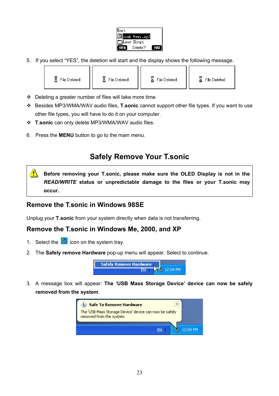 Safely remove your t.sonic, Remove the t.sonic in windows 98se, Remove the t.sonic in windows me, 2000, and xp | Transcend Information T.SONIC 612 User Manual | Page 26 / 39