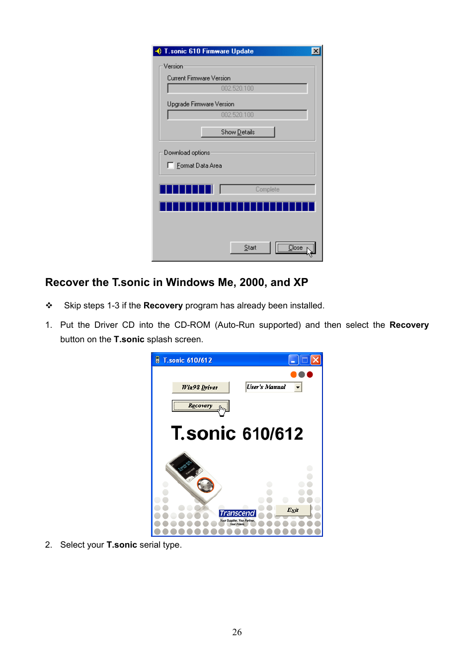 Recover the t.sonic in windows me, 2000, and xp | Transcend Information T.SONIC 612 User Manual | Page 29 / 39