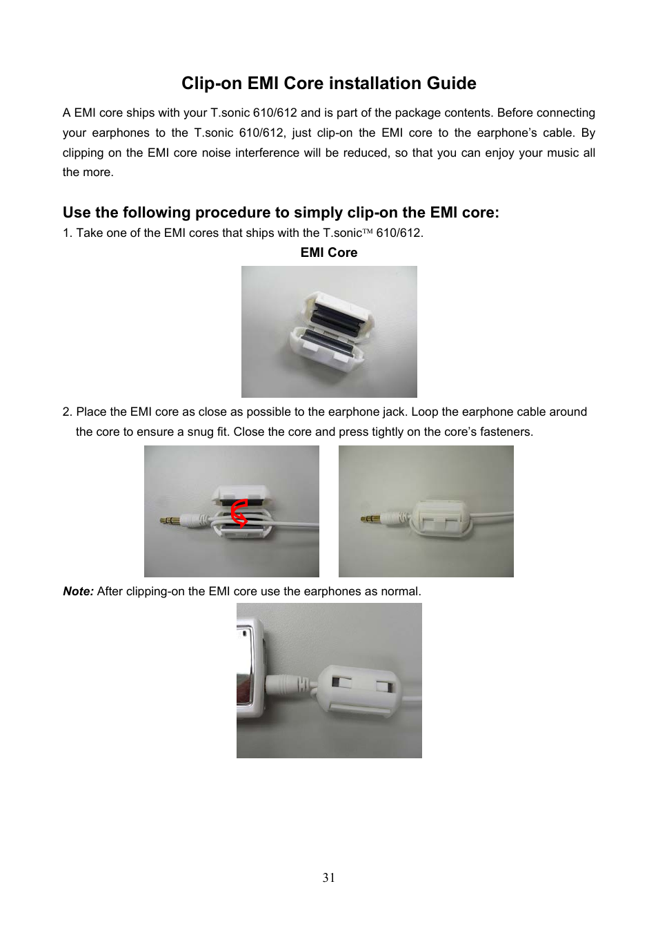 Clip-on emi core installation guide | Transcend Information T.SONIC 612 User Manual | Page 34 / 39
