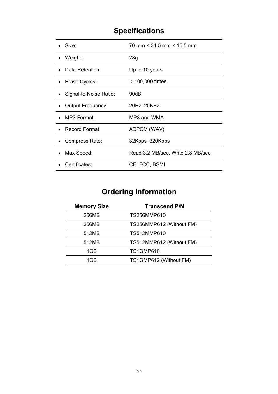 Specifications, Ordering information | Transcend Information T.SONIC 612 User Manual | Page 38 / 39