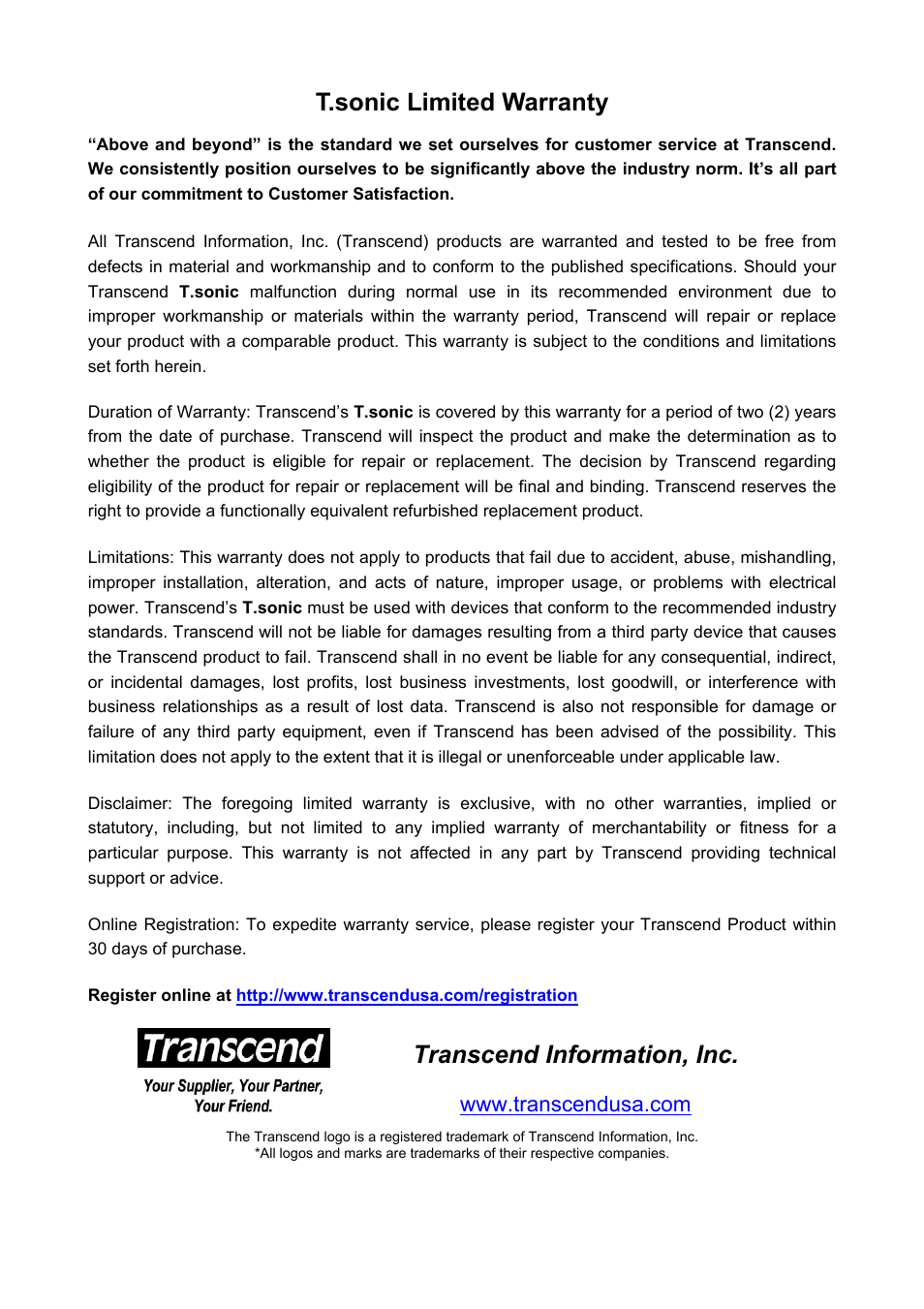 T.sonic limited warranty, Transcend information, inc | Transcend Information T.SONIC 612 User Manual | Page 39 / 39