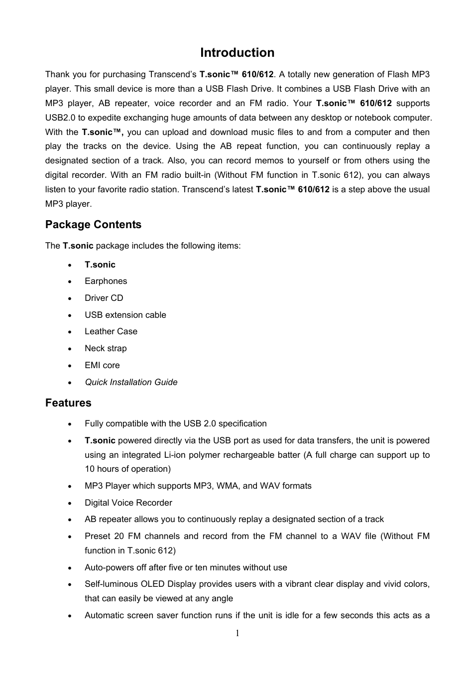 Introduction, Package contents, Features | Transcend Information T.SONIC 612 User Manual | Page 4 / 39