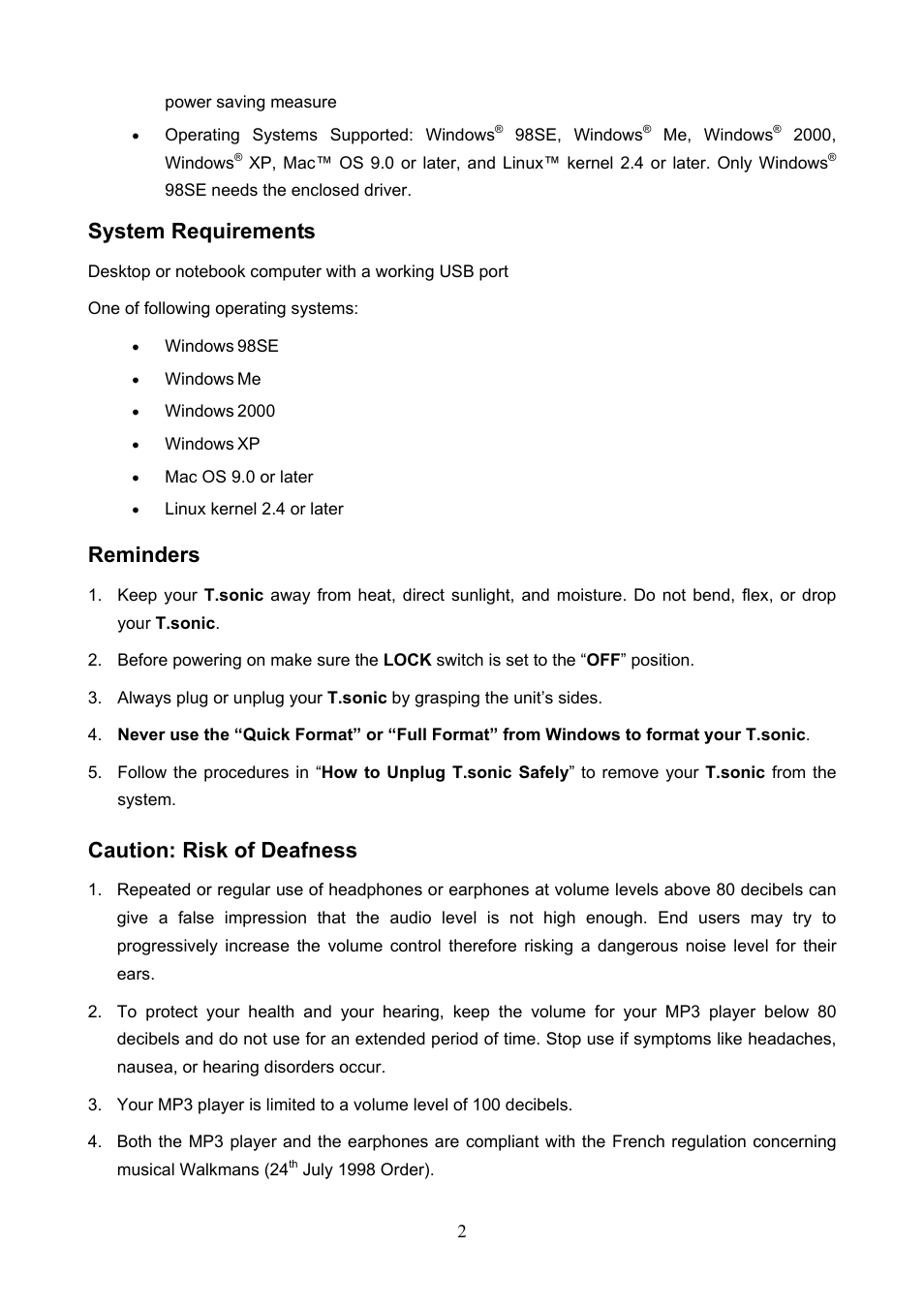 System requirements, Reminders, Caution: risk of deafness | Transcend Information T.SONIC 612 User Manual | Page 5 / 39