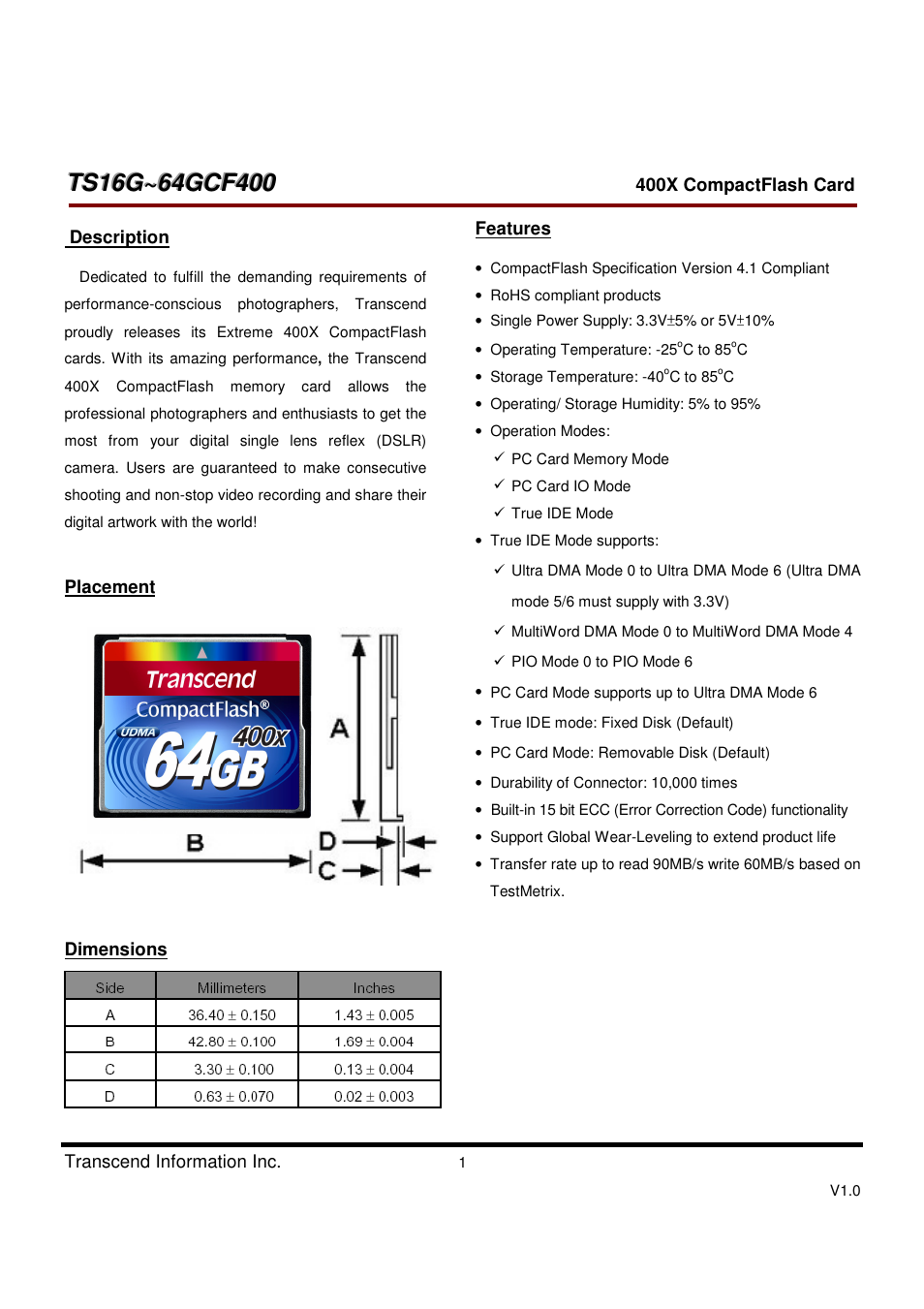 Transcend Information CompactFlash TS16G-64GCF400 User Manual | 88 pages