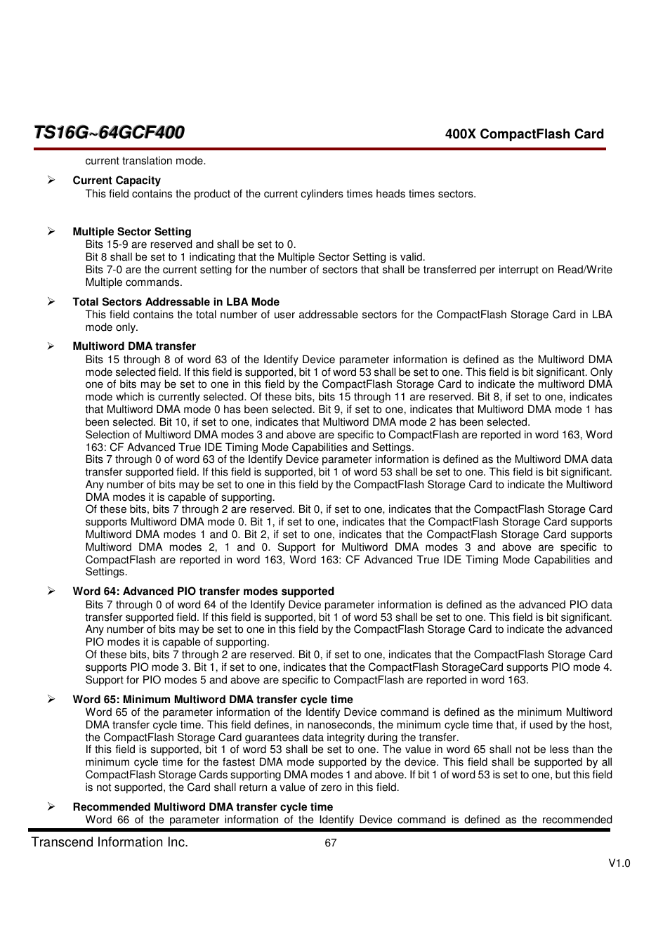 Transcend Information CompactFlash TS16G-64GCF400 User Manual | Page 67 / 88