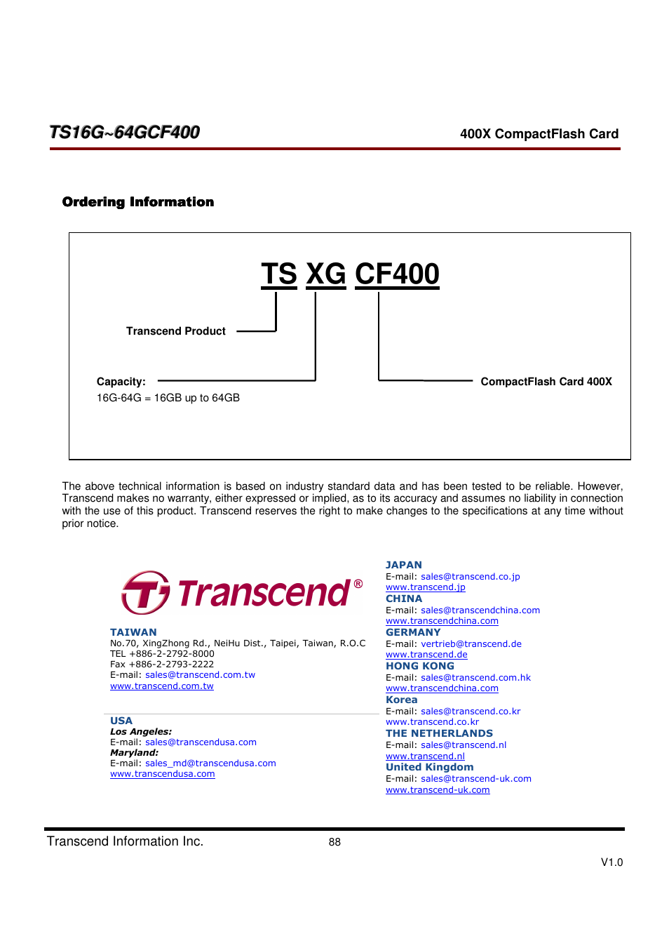 Ts xg cf400 xx | Transcend Information CompactFlash TS16G-64GCF400 User Manual | Page 88 / 88
