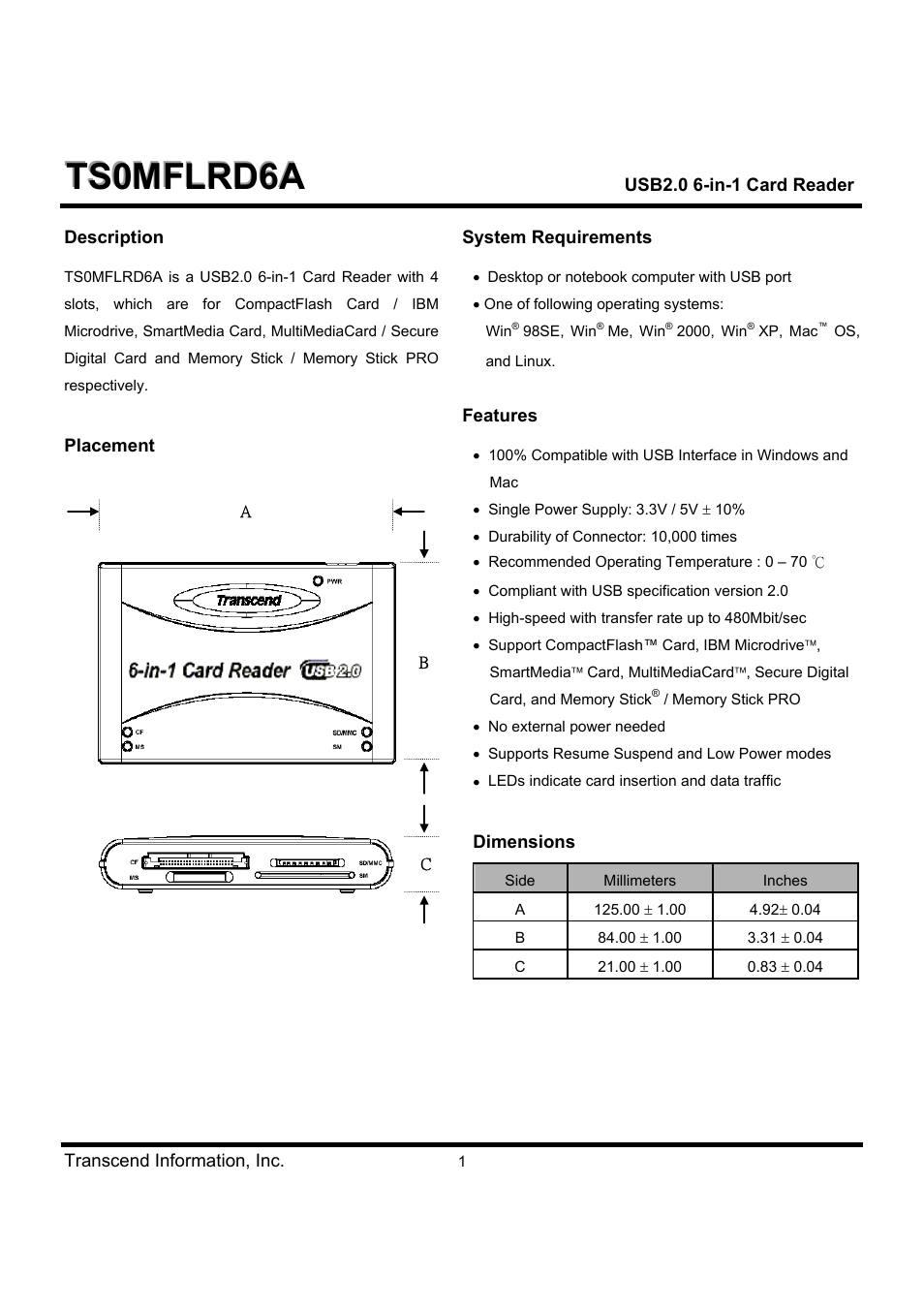 Transcend Information USB2.0 6-in-1 Card Reader TS0MFLRD6A User Manual | 4 pages