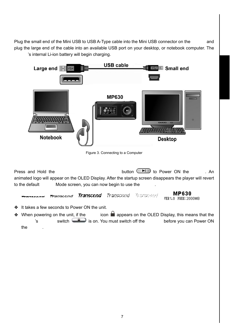 Basic operation, Charging the battery, Power on | Player controls charging the battery | Transcend Information MP630 User Manual | Page 11 / 64